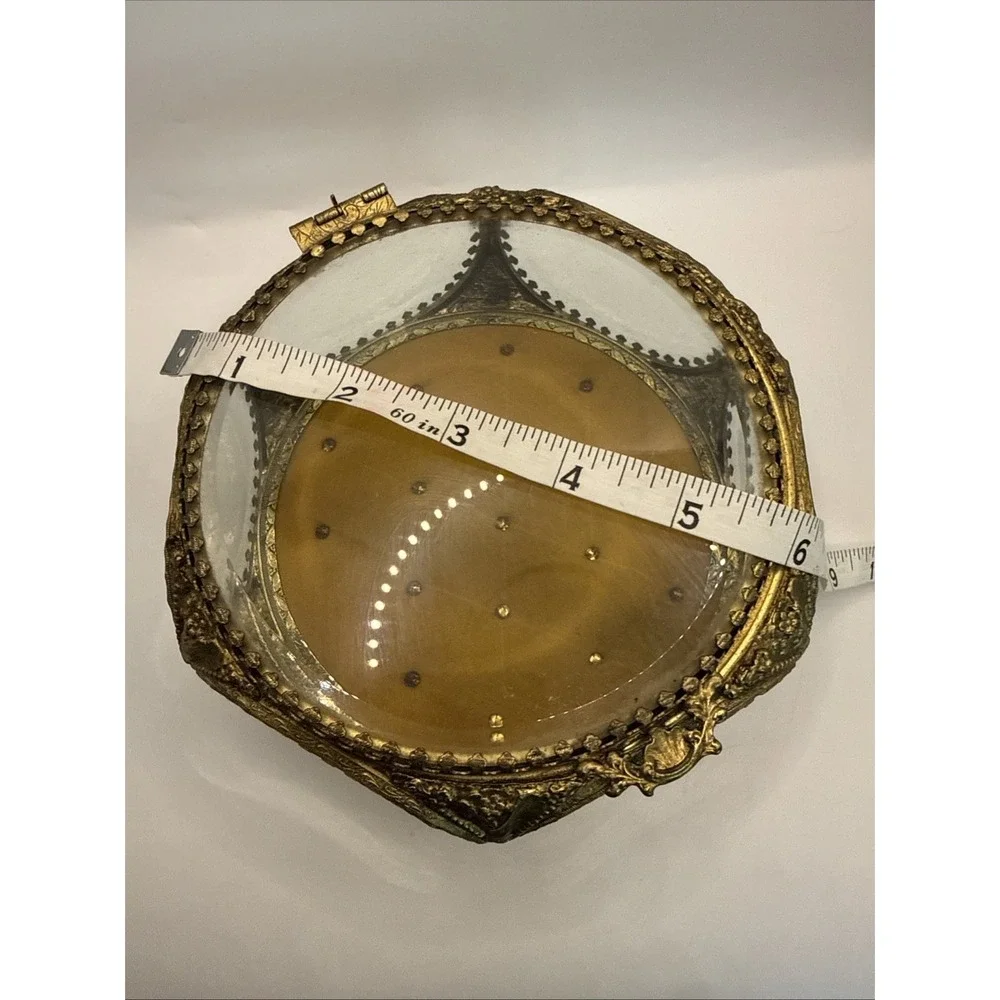 VTG Gold Gilt Ormolu Filigree Floral Bouquet Octagon Casket Trinket Jewelry Box